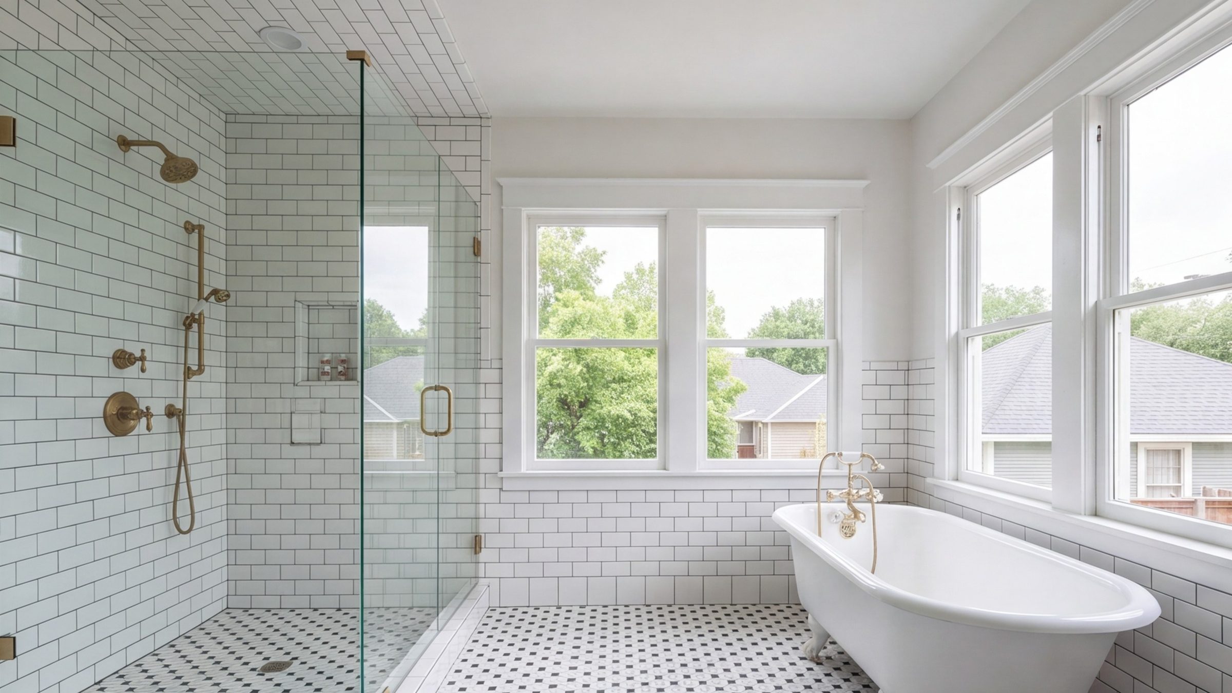 Wide view of a renovated 1920s bathroom with hex floor tile, white subway walls, glass shower and a clawfoot tub in daylight