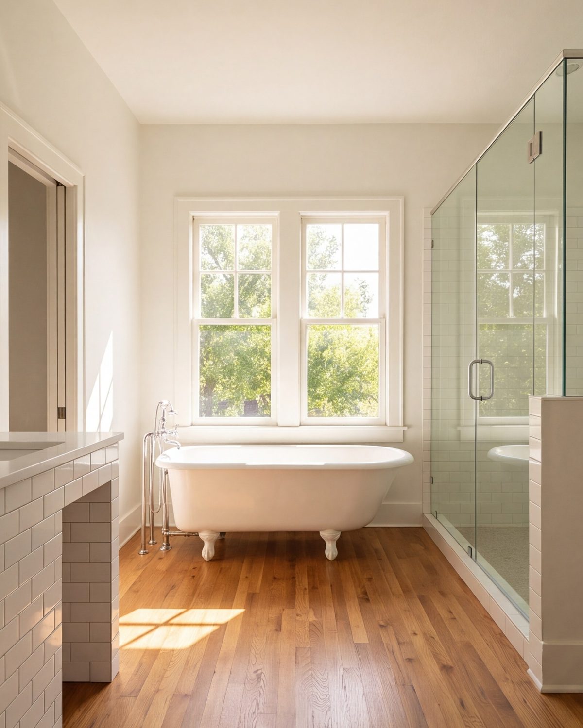 Berkeley Place bathroom with a clawfoot tub under a window and a separate glass shower