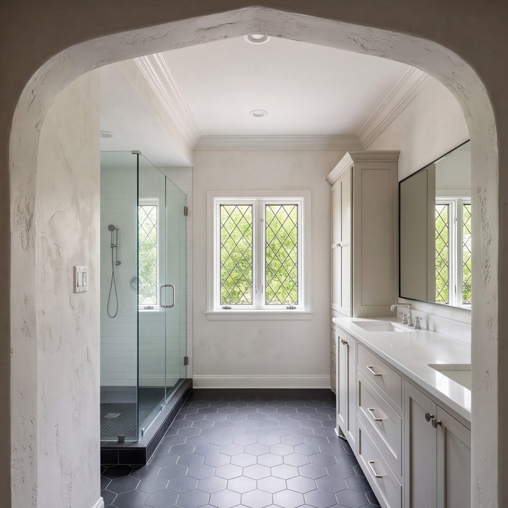 Tudor bathroom with an arched doorway, repaired plaster walls and a modern shower