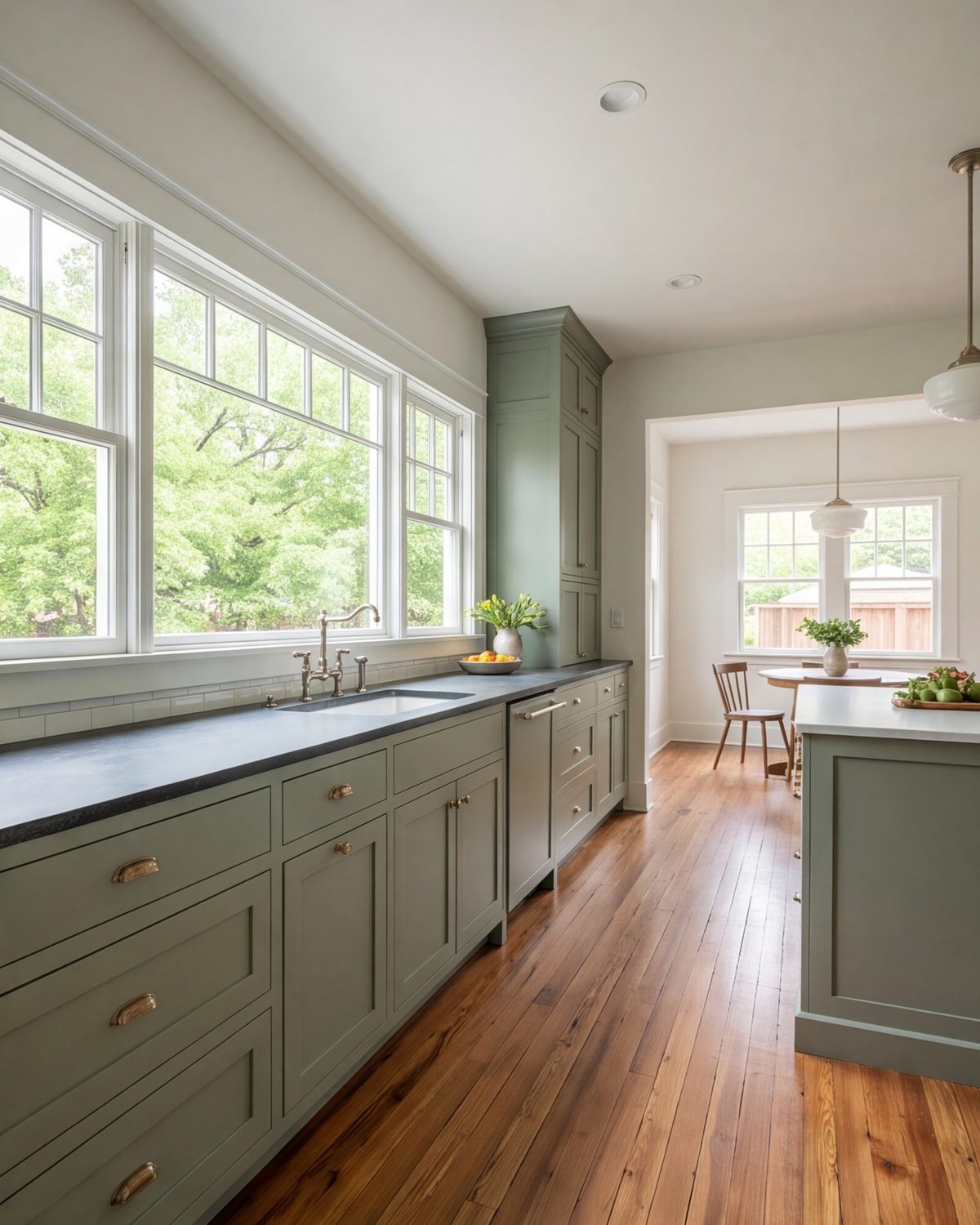 Wide view of a remodeled bungalow kitchen with painted cabinets, long window and wood floors