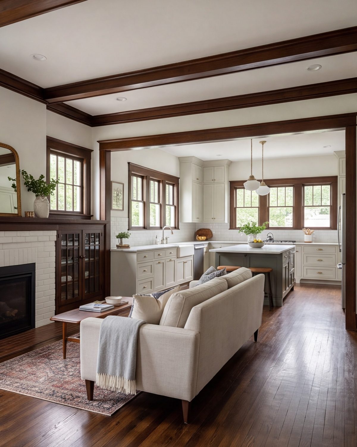 Wide view of an open living room and kitchen in a remodeled 1920s Fort Worth house