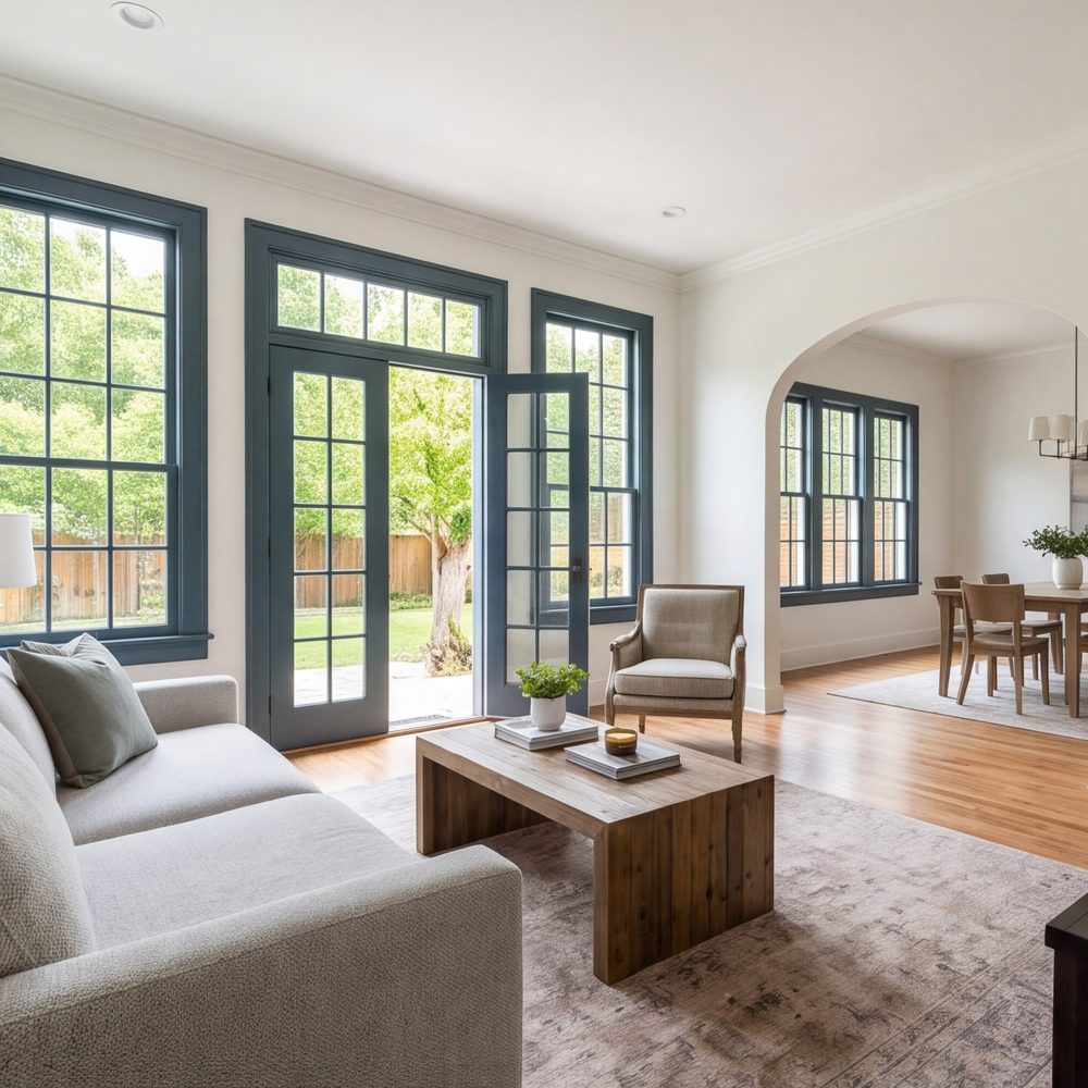 wide living room of an older house with new tall windows and French doors open to the yard